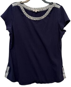 De Collection Navy Blue Top Floral Button Shoulder XXL
